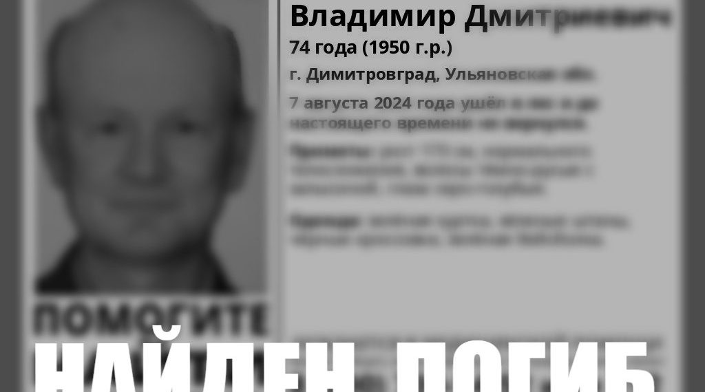 Пропавший 7 августа димитровградский пенсионер найден мёртвым