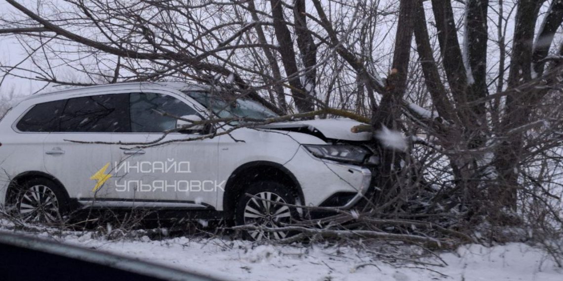 Mitsubishi улетел в дерево с Сельдинского шоссе в Ульяновске