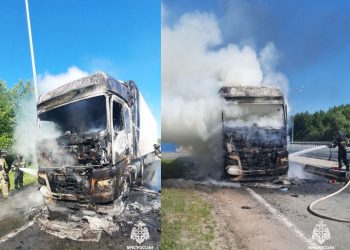 КАМАЗ вспыхнул на подъезде к Президентскому мосту в Ульяновске