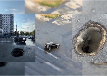 Автомобиль провалился в яму на улице Кирова в Ульяновске