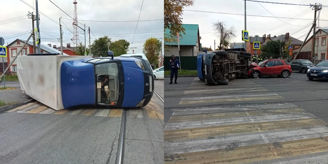 На трамвайных рельсах в Ульяновске перевернулась грузовая ГАЗель — видео