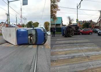 На трамвайных рельсах в Ульяновске перевернулась грузовая ГАЗель — видео