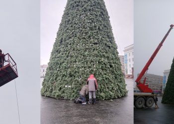 На Соборной площади в Ульяновске украшают главную новогоднюю ёлку