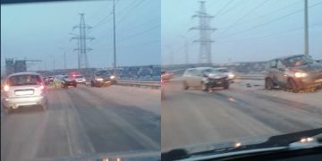 Две легковушки столкнулись на Императорском мосту в Ульяновске утром 14 декабря