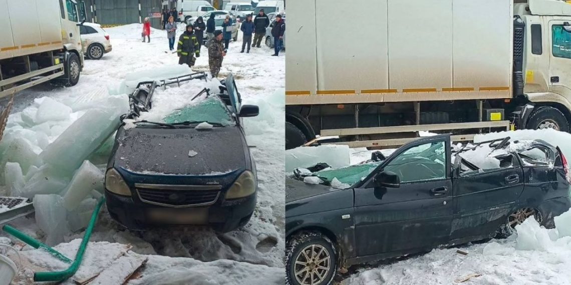 На Гая, 100 гигантской ледяной глыбой расплющило «Приору»