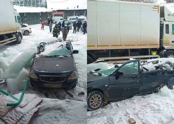 На Гая, 100 гигантской ледяной глыбой расплющило «Приору»