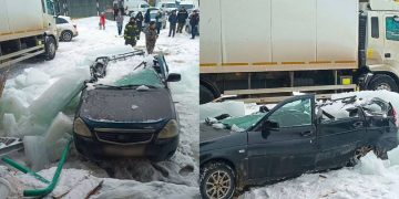 На Гая, 100 гигантской ледяной глыбой расплющило «Приору»