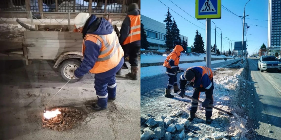 На выходных в Ульяновске латали дороги и чистили снег