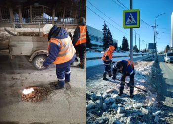 На выходных в Ульяновске латали дороги и чистили снег