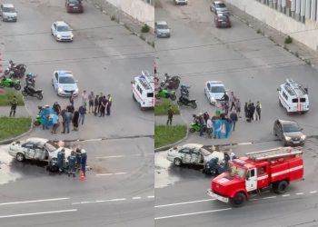 На Пушкарёва жёстко столкнулись мотоцикл Honda и Jaguar, пострадали двое